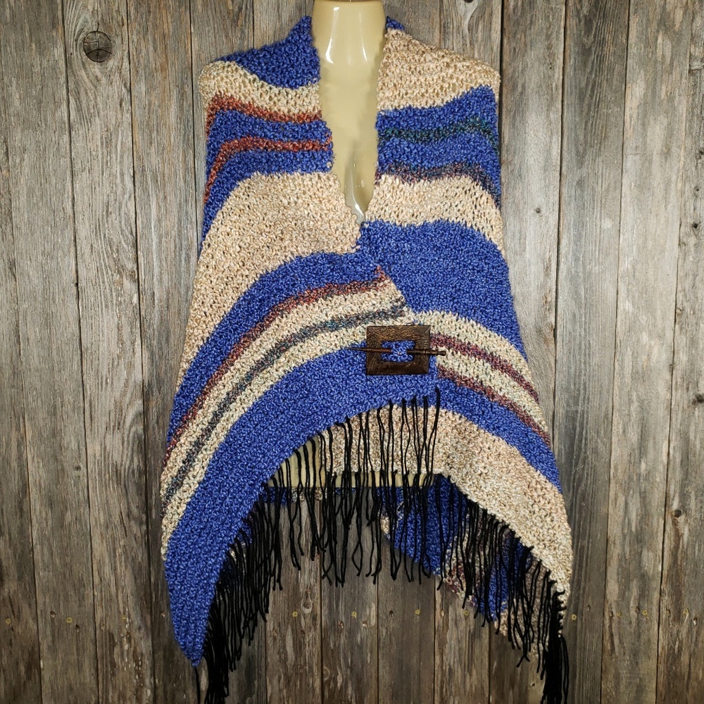 NEW Blue Multicolor Chunky Hand Knitted Shawl Wrap Boho Hippie Handmade Gift